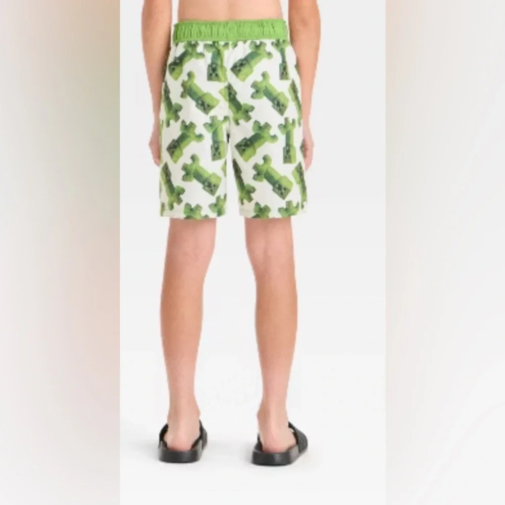 Boys' Minecraft Movie Art Swim Shorts - White/Green M: UPF 50+ Microfiber Board